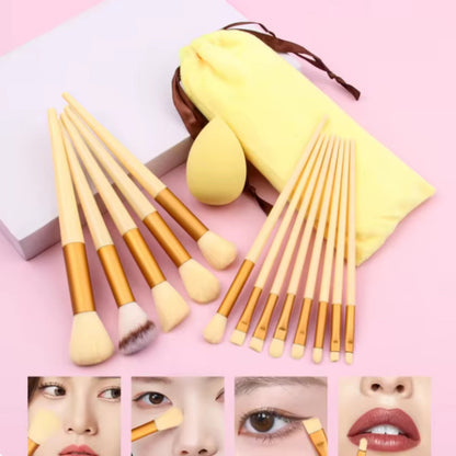 13Pcs Yellow Makeup Brush Set, Flannelette Bag, Portable Eye Shadow Set, Powder Brush Tool+Soft, Dry and Wet Makeup Egg